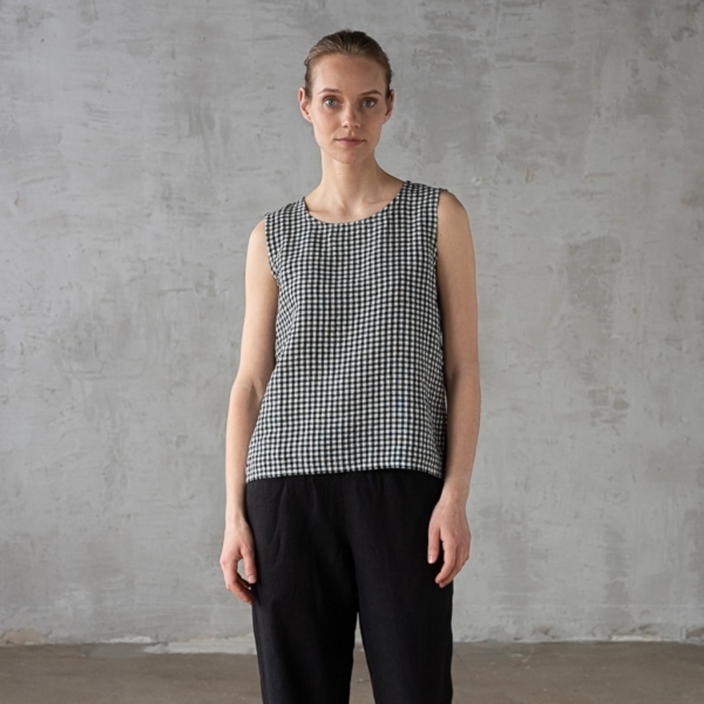 LINENME Alice 100% Linen Lithuanian Made Blue And White Gingham Sleeveless Top S